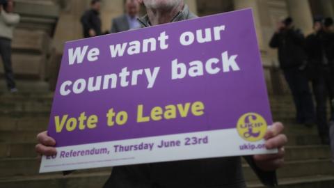 A Vote to Leave campaigner holds a placard as Nigel Farage campaigns for votes to leave the European Union in the referendum on May 25, 2016 in Bolton, England. (Christopher Furlong/Getty Images)