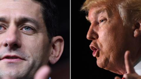 U.S. House Speaker Paul Ryan, left, at the U.S. Capitol in Washington D.C., on Nov. 5, 2015, and Republican presidential candidate Donald Trump in Cedar Rapids, Iowa,on Feb. 1, 2016. (Xinhua/Yin Bogu via Getty Images)