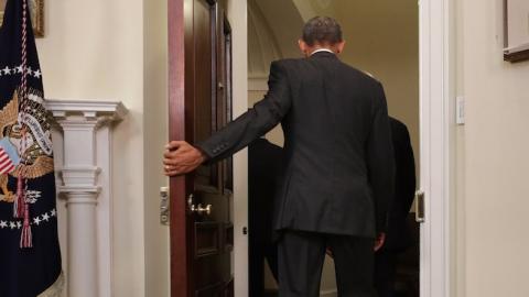 President Barack Obama leaves the Roosevelt Room in the White House, February 23, 2016 in Washington, DC. (Chip Somodevilla/Getty Images)