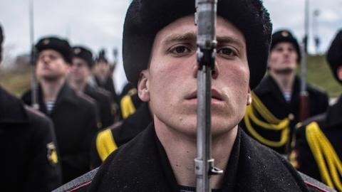 Soldiers of the honor guard prepare to march as people celebrate the first anniversary of the signing of the decree on the annexation of the Crimea by the Russian Federation, on March 18, 2015 in Sevastopol, Crimea. (Alexander Aksakov/Getty Images)