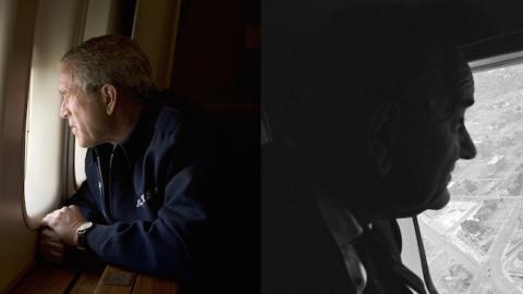 (L) President George W. Bush views Hurricane Katrina’s devastation, August 31, 2005. (Paul Morse/White House/Getty Images) (R) President Lyndon B. Johnson views riot damage aboard a helicopter over Washington, DC, on April 7, 1968. (Frank Wolfe)