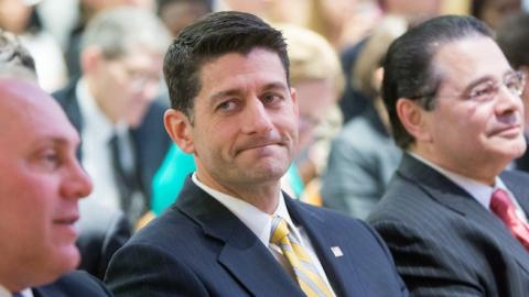 House Speaker Paul Ryan (R-WI), center, and House Majority Whip Steve Scalise (R-LA), left, prepare to discuss the release of the House Republican plank on health care reform at AEI on June 22, 2016 in Washington, DC. (Allison Shelley/Getty Images)