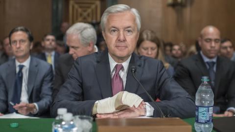 Wells Fargo CEO John Stumpf, center, prepares to testify at a Senate Banking, Housing, and Urban Affairs hearing in Dirksen Building, September 20, 2016. (Tom Williams/CQ Roll Call)