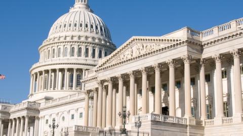 US Capitol dome viewed from steps of ceremonial entrance to the US Senate chambers, Washington, DC. (DHuss/Getty Images)