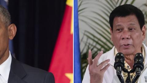 US President Barack Obama (L) speaking during a press conference in Hangzhou, China, and Philippine President Rodrigo Duterte (R) speaking during a press conference in Davao City, the Philippines, September 5, 2016. (SAUL LOEB,MANMAN DEJETO/AFP/Getty Imag