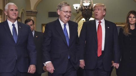 Vice President Elect Mike Pence (L), President-Elect Donald Trump (CR), wife Melania Trump (R) and Senate Majority Leader Mitch McConnell, (CL) in the U.S. Capitol, Washington, DC, November, 10, 2016. (Bill O'Leary/The Washington Post via Getty Images)