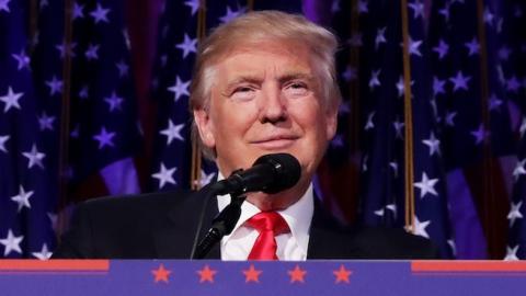 President-elect Donald Trump delivers his acceptance speech during his election night event at the New York Hilton Midtown in the early morning hours of November 9, 2016 in New York City. (Chip Somodevilla/Getty Images)