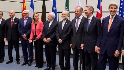 Foreign Ministers from China, France, Germany, Iran, Russia, Britain, and the US on July 14, 2015 in Vienna, Austria. (Thomas Imo/Photothek via Getty Images)