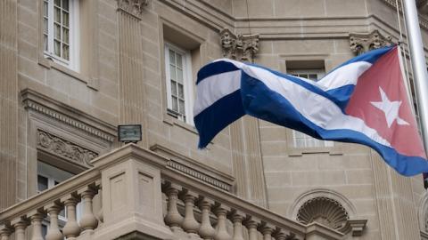 The Cuban flag is lowered to half mast outside of the Embassy of Cuba in Washington, DC on November, 26, 2016. (Marvin Joseph/The Washington Post via Getty Images)