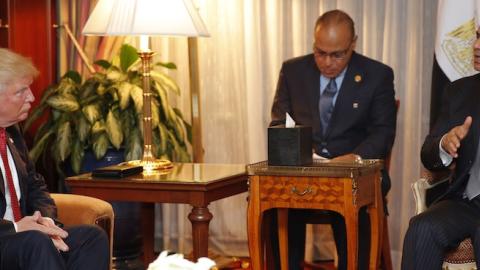 Republican presidential candidate Donald Trump (L) looks on as Egyptian President Abdel Fattah el-Sisi speaks during a meeting at the Plaza Hotel on September 19, 2016 in New York. (DOMINICK REUTER/AFP/Getty Images)