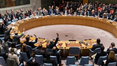 Fourteen members of the Security Council raise their hands in affirmation of Resolution 2334 at UN Headquarters in New York, NY, USA on December 23, 2016. (Albin Lohr-Jones/Pacific Press/LightRocket via Getty Images)