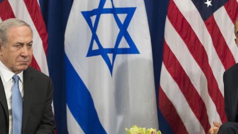 Prime Minister of Israel Benjamin Netanyahu speaks to U.S. President Barack Obama during a bilateral meeting at the Lotte New York Palace Hotel, September 21, 2016 in New York City. (Drew Angerer/Getty Images)