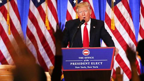 President-elect Donald Trump speaks at a news cenference at Trump Tower on January 11, 2017 in New York City. This is Trump's first official news conference since the November elections. (Photo by Spencer Platt/Getty Images)
