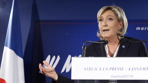 French far-right Front National (FN) party President Marine Le Pen gives a new year's address to the press at her party campaign headquarters 'L'Escale' on January 4, 2017 in Paris, France. (Chesnot/Getty Images)