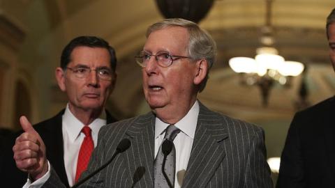 U.S. Senate Majority Leader Sen. Mitch McConnell (R-KY) (3rd L) speaks with (L-R) Sen. Cory Gardner (R-CO), Sen. John Barrasso (R-WY) and Sen. John Thune (R-SD) at the Capitol in Washington, DC, January 10, 2017. (Alex Wong/Getty Images)