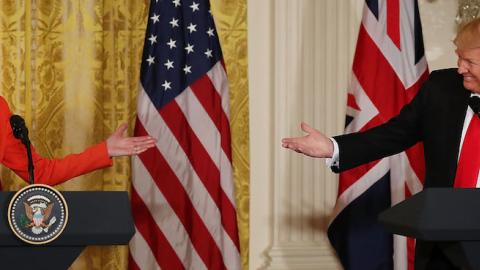 U.S. President Donald Trump (R) and British Prime Minister Theresa May participate in a joint press conference at the East Room of the White House January 27, 2017 in Washington, DC. (Mark Wilson/Getty Images)