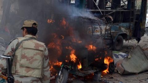 A Pakistani security serviceman at the scene of a bomb explosion in Quetta on March 14, 2014. (BANARAS KHAN/AFP/Getty Images)