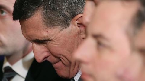 National Security Adviser Michael Flynn (2ndL) attends a joint news conference with U.S. President Donald Trump and Canadian Prime Minister Justin Trudeau in the East Room of the White House February 13, 2017 in Washington, DC. (Mark Wilson/Getty Images)