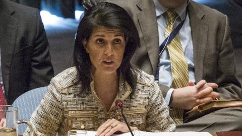 US United Nations Ambassador Nikki Haley speaks at the Security Council meeting on February 21, 2017 at UN Headquarters in New York. (KENA BETANCUR/AFP/Getty Images)