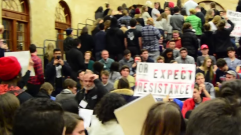 Screenshot of Middlebury College protest against author Charles Murray, March 2, 2017. (VTDigger Video/YouTube Screenshot)