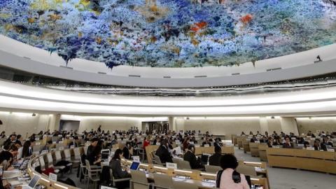 Delegates listen while United Nations special rapporteur on the human rights situation in the Palestinian territories presents his final report before the UN Human Rights Council on March 24, 2014 in Geneva. (FABRICE COFFRINI/AFP/Getty Images)