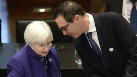 US Treasury Secretary Steven Mnuchin (R) and Federal Reserve Chairman Janet Yellen at the G20 Finance Ministers and Central Bank Governors Meeting in Baden-Baden, southern Germany, on March 17, 2017. (THOMAS KIENZLE/AFP/Getty Images)