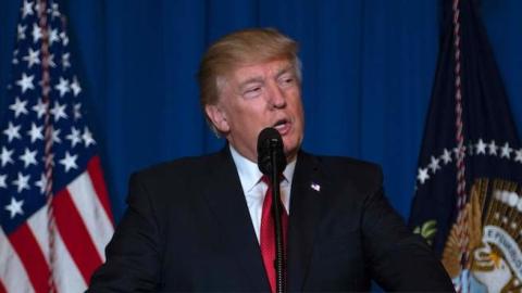 US President Donald Trump delivers a statement on Syria from the Mar-a-Lago estate in West Palm Beach, Florida, on April 6, 2017. (JIM WATSON/AFP/Getty Images)