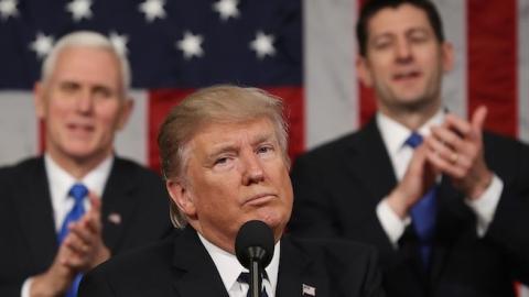 US President Donald J. Trump reacts after delivering his first address to a joint session of Congress in Washington, DC, February 28, 2017. (JIM LO SCALZO/AFP/Getty Images)