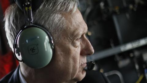 U.S. Defense Secretary James Mattis arrives via helicopter at Resolute Support headquarters on April 24, 2017 in in Kabul, Afghanistan. (Jonathan Ernst - Pool/Getty Images)