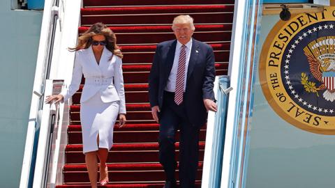 US President Donald Trump and First Lady Melania Trump disembark Air Force One upon their arrival at Ben Gurion International Airport in Tel Aviv on May 22, 2017 (JACK GUEZ/AFP/Getty Images)