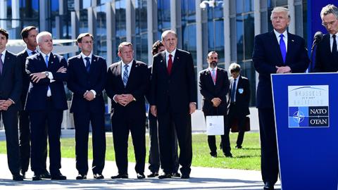 NATO Secretary General Jens Stoltenberg's soeajs during the unveiling ceremony of the Berlin Wall monument, during the NATO summit in Brussels, May 25, 2017 (EMMANUEL DUNAND/AFP/Getty Images)