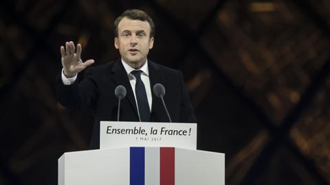 Emmanuel Macron, elected new French President, delivers a speech in front of thousands supporters, Paris, France, May 7, 2017 (Vincent Isore/IP3/Getty Images)