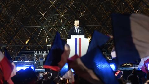 French president-elect Emmanuel Macron delivers a speech in front of the Pyramid at the Louvre Museum in Paris, May 7, 2017 (ERIC FEFERBERG/AFP/Getty Images)