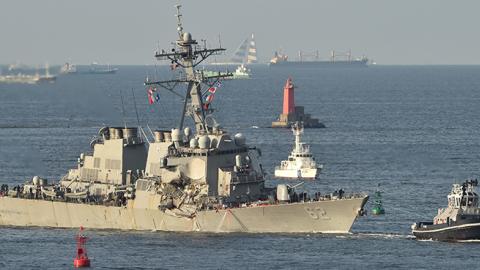 USS Fitzgerald sails into its mother port, US Naval Yokosuka Base, Kanagawa prefecture on June 17, 2017 (KAZUHIRO NOGI/AFP/Getty Images)