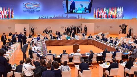 World leaders and delegates attend the the second day of the G20 economic summit in Hamburg, Germany, July 8, 2017 (Thomas Lohnes/Getty Images)