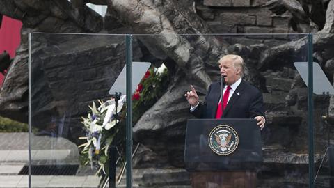 President Donald Trump speech at the monument to the heroes of the 1944 Warsaw Rising against the Nazis, July 6, 2017 (Krystian Dobuszynski/NurPhoto via Getty Images)