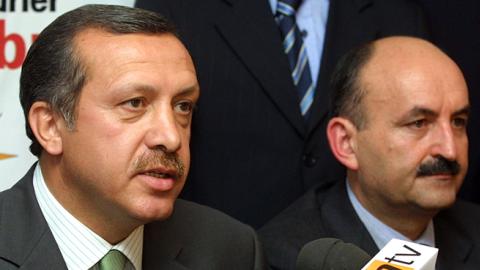 Recep Tayyip Erdoğan holds a press conference in Istanbul after the AKP victory in the Turkish elections, November 3, 2002 (Staton R. Winter/Getty Images)