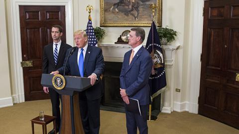 President Trump introduces the RAISE Act with Senators Cotton (R-AR) and Perdue (R-GA), August 2, 2017 (Zach Gibson - Pool/Getty Images)