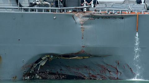 Collision damage to the portside of the USS John S. McCain (DDG 56), August 21, 2017 (U.S. Navy)
