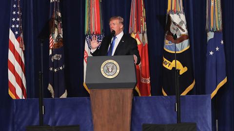 President Donald Trump delivers remarks on Americas military involvement in Afghanistan, Arlington, VA, August 21, 2017 (Mark Wilson/Getty Images)