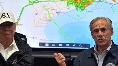 Texas Governor Greg Abbott and President Trump at the Texas Department of Public Safety Emergency Operations Center in Austin, Texas, August 29, 2017 (JIM WATSON/AFP/Getty Images)