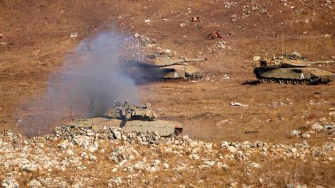 Israeli army exercise simulating conflict with Hezbollah near the Syrian border, September 6, 2017 (JALAA MAREY/AFP/Getty Images)