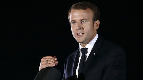 French President Emmanuel Macron speaks in Athens, Greece, September 7, 2017 (Panayotis Tzamaros/NurPhoto via Getty Images)