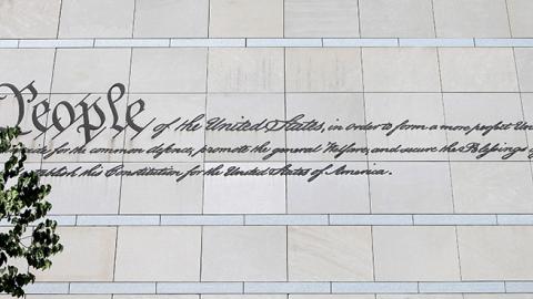 he preamble to the U.S. Constitution etched on a side wall of the National Constitution Center in Philadelphia, Pennsylvania, August 27, 2016 (Raymond Boyd/Getty Images)