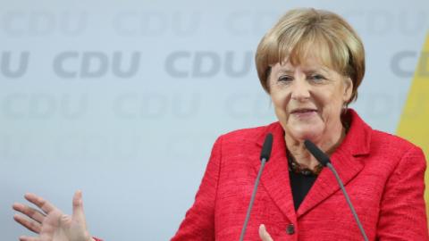German Chancellor Angela Merkel speaks at an election campaign stop, September 19, 2017 (Sean Gallup/Getty Images)