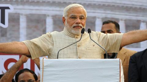 Then-prime ministerial candidate Narendra Modi speaks at a rally in Vadodara, May 16, 2014 (INDRANIL MUKHERJEE/AFP/Getty Images)