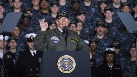 President Donald Trump speaks to Navy and shipyard personnel aboard nuclear aircraft carrier Gerald R. Ford, March 2, 2017 (Jabin Botsford/The Washington Post via Getty Images)