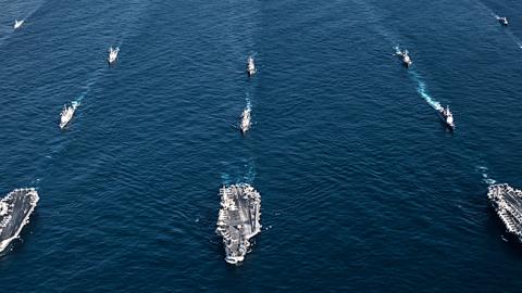 USS Ronald Reagan, USS Theodore Roosevelt and USS Nimitz and their strike groups, November 12, 2017 (U.S. Navy)