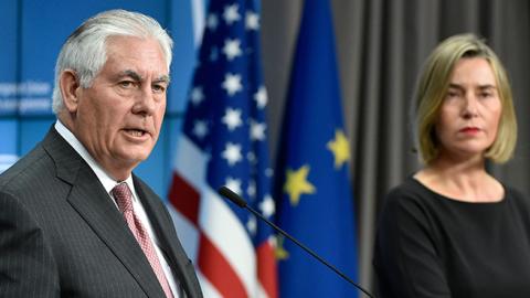 Secretary of State Rex Tillerson and EU foreign policy chief Federica Mogherini give a joint press conference in Brussels, December 5, 2017 (JOHN THYS/AFP/Getty Images)