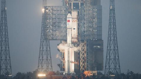 Long March 7 orbital launch vehicle carrying China's cargo spacecraft Tianzhou-1 on the launchpad in Wenchang, April 20, 2017 (FRED DUFOUR/AFP/Getty Images)